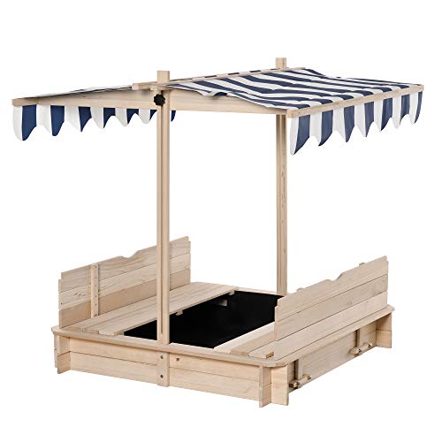 Kids Wooden Sand Pit With Height Adjustable Canopy