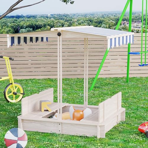 Kids Wooden Sand Pit With Height Adjustable Canopy