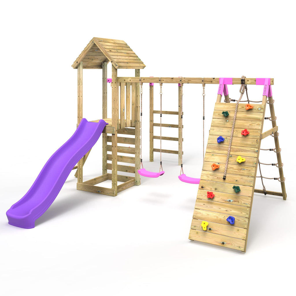 Wooden Climbing Frame with Swings, Slide, Up and over Climbing wall and Monkey Bars