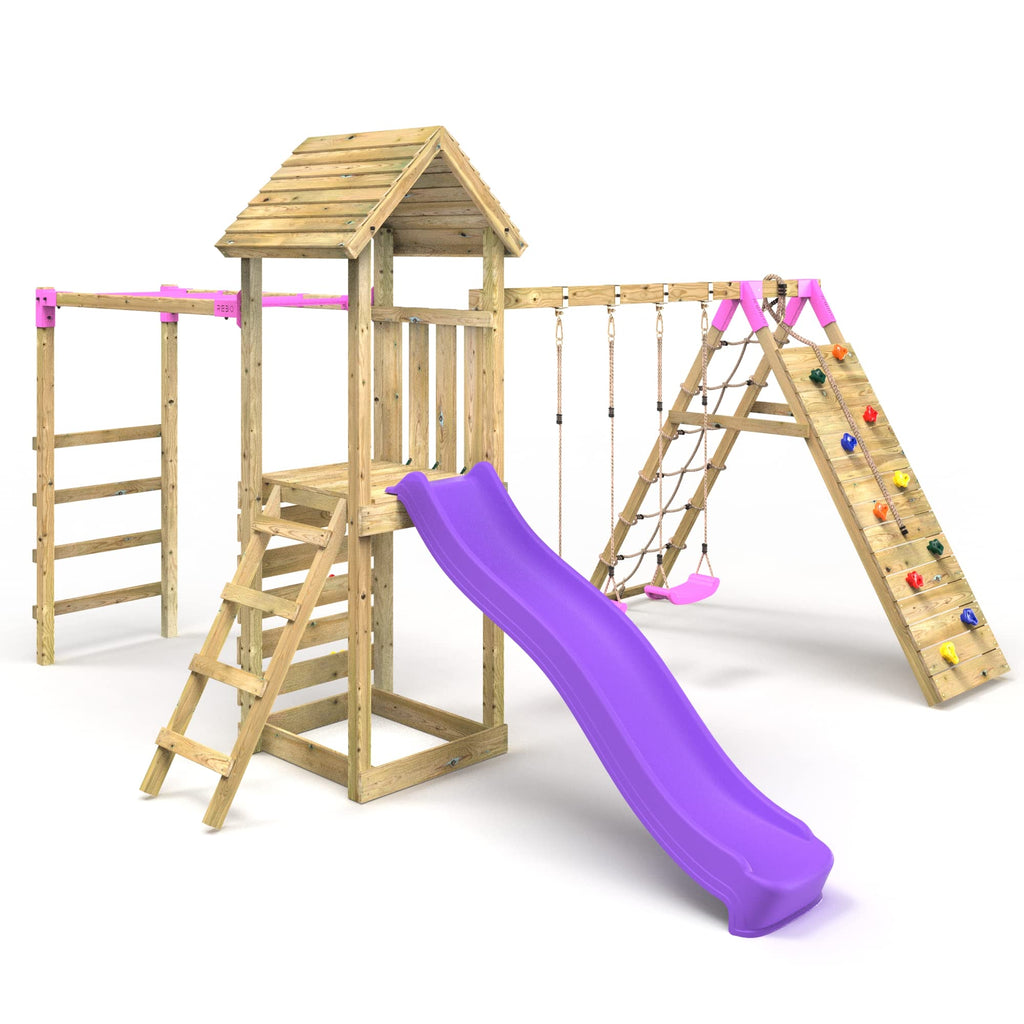 Wooden Climbing Frame with Swings, Slide, Up and over Climbing wall and Monkey Bars