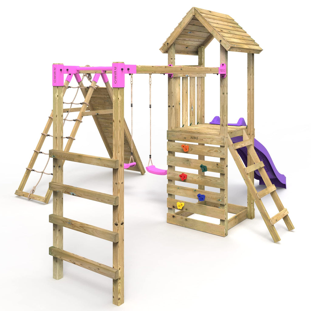 Wooden Climbing Frame with Swings, Slide, Up and over Climbing wall and Monkey Bars