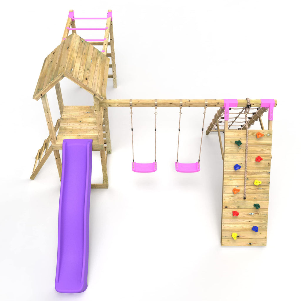 Wooden Climbing Frame with Swings, Slide, Up and over Climbing wall and Monkey Bars