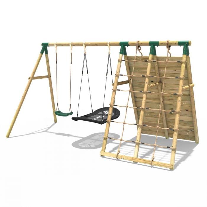 Rebo® Beat The Wall Wooden Swing Set with Double Up and Over Climbing Wall