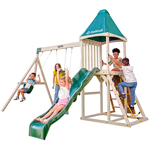 Outdoor Wooden Climbing Frame with Slide, Swing, Climbing Wall and Sandpit