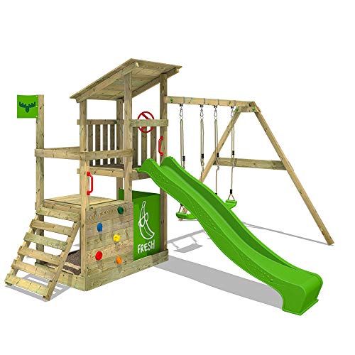 Wooden Climbing Frame with Swing Set & Green Slide