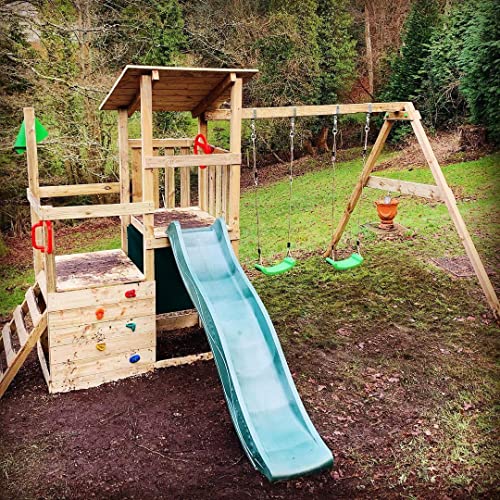 Wooden Climbing Frame with Swing Set & Green Slide