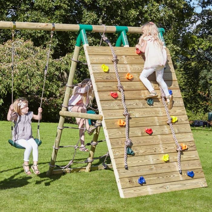 Rebo® Beat The Wall Wooden Swing Set with Double Up and Over Climbing Wall