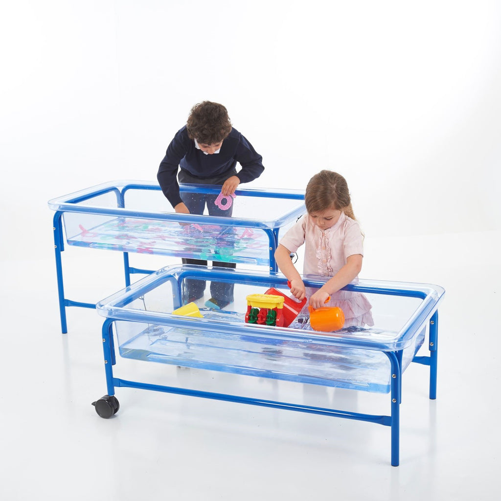 edx education Clear Sand & Water Tray with Blue Stand - 58cm - Sensory Surroundings Limited